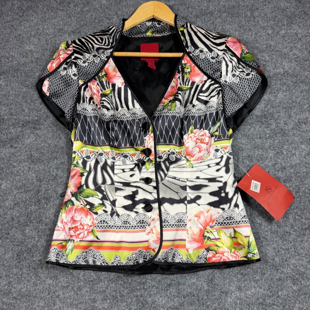 JS Collections Womens Floral Zebra Print 100% Silk Blouse Size 6 Multi NWT